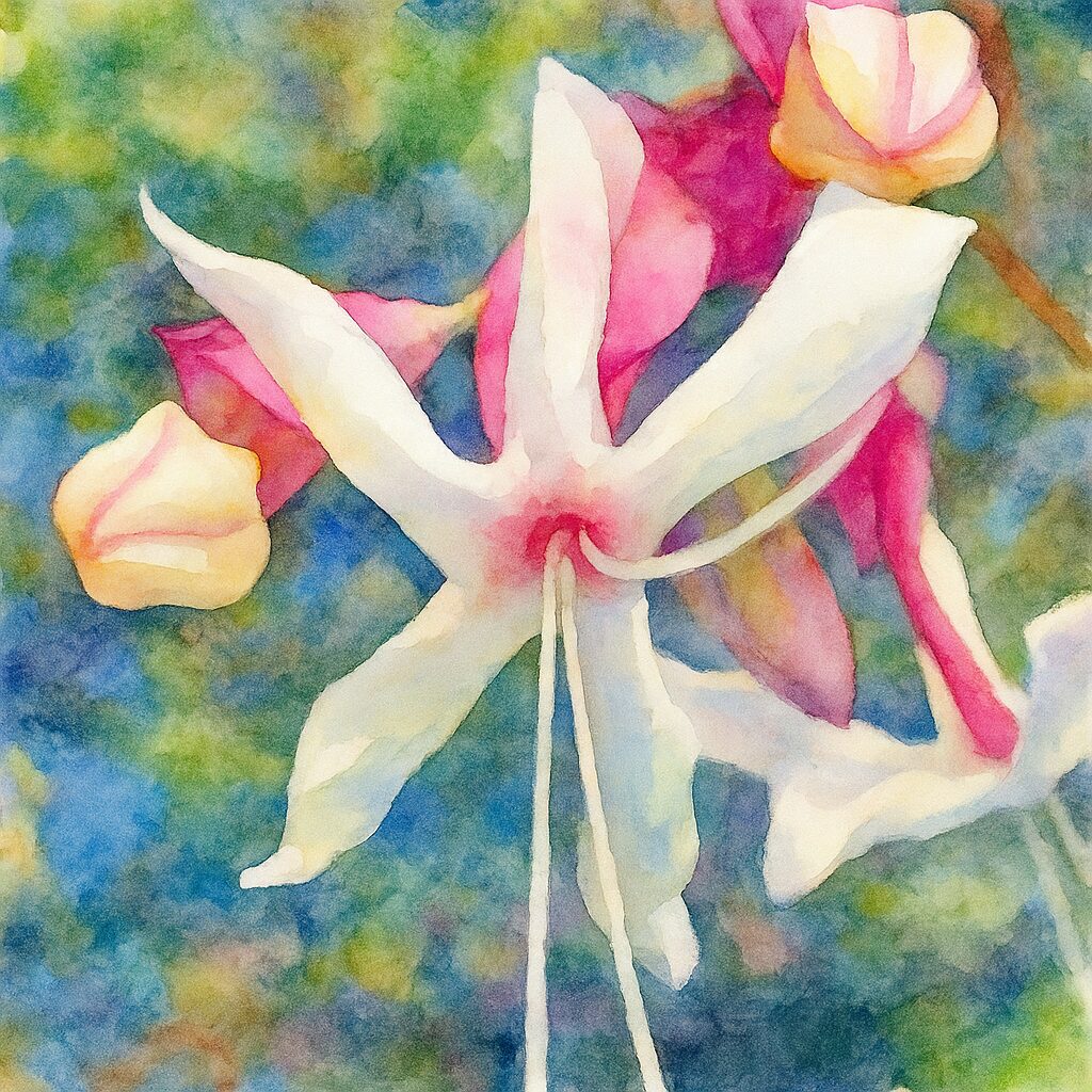 日本のクサギの白い花とピンクの蕾を構図通りに描いた水彩画風イラスト。柔らかな光の中で彩度の高い背景と花の質感を表現した作品