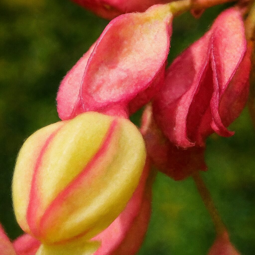 日本のクサギの淡いクリーム色の蕾と濃いピンク色の萼を構図通りに描いた水彩画風イラスト。柔らかな光の中で植物の色差を表現した作品