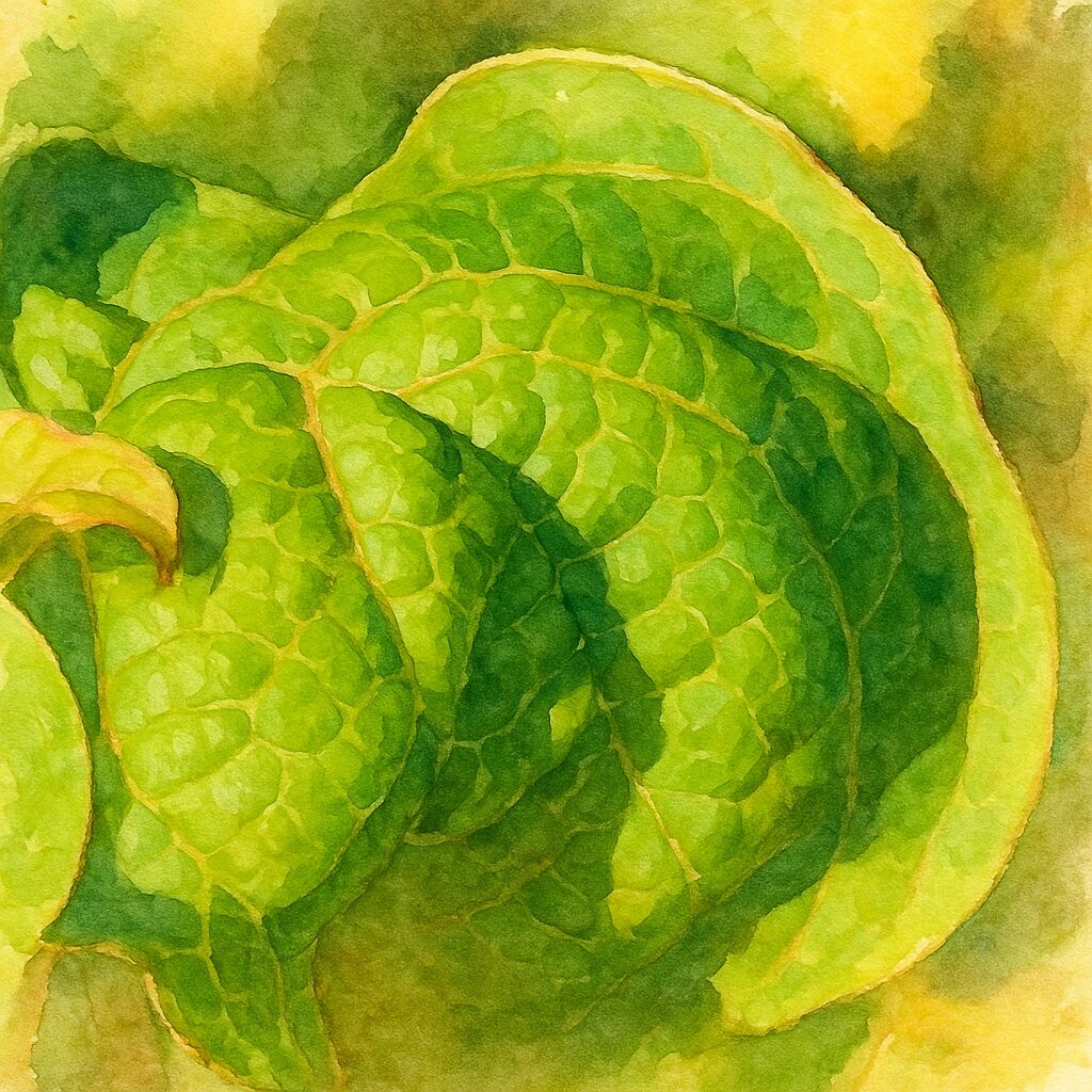 日本のクサギの葉を構図通りに描いた水彩画風イラスト。濃淡の緑で葉脈の立体感と光の陰影を柔らかく表現した作品