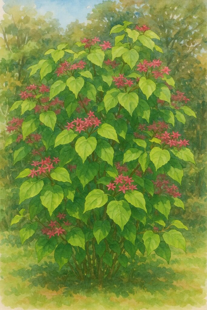 日本のクサギの大株を構図通りに描いた水彩画風イラスト。緑の葉と赤い萼が木全体で群生する姿を柔らかい筆致で表現した作品