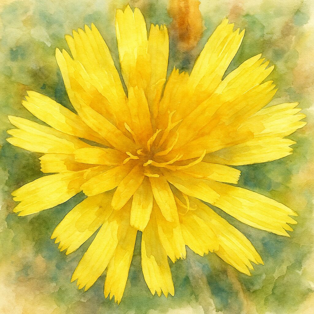 日本で見られる黄色いコウゾリナの花を水彩画風に描いたボタニカルアートイラスト