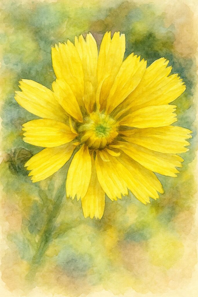 日本で見られる黄色いコウゾリナの花を真上構図で描いたプロレベルの水彩画風ボタニカルイラスト