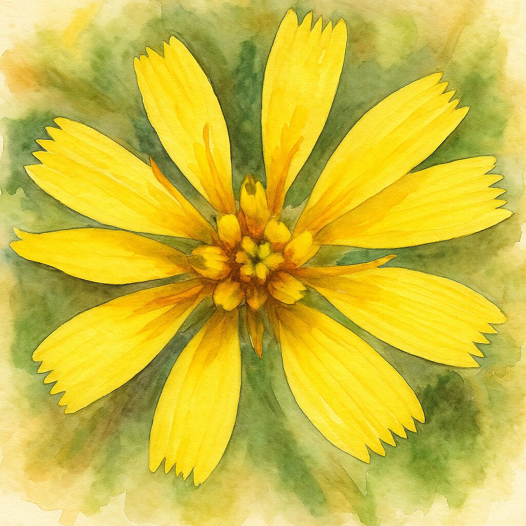 日本で見られる黄色いコウゾリナの花を真上構図で描いた水彩画風のボタニカルアートイラスト