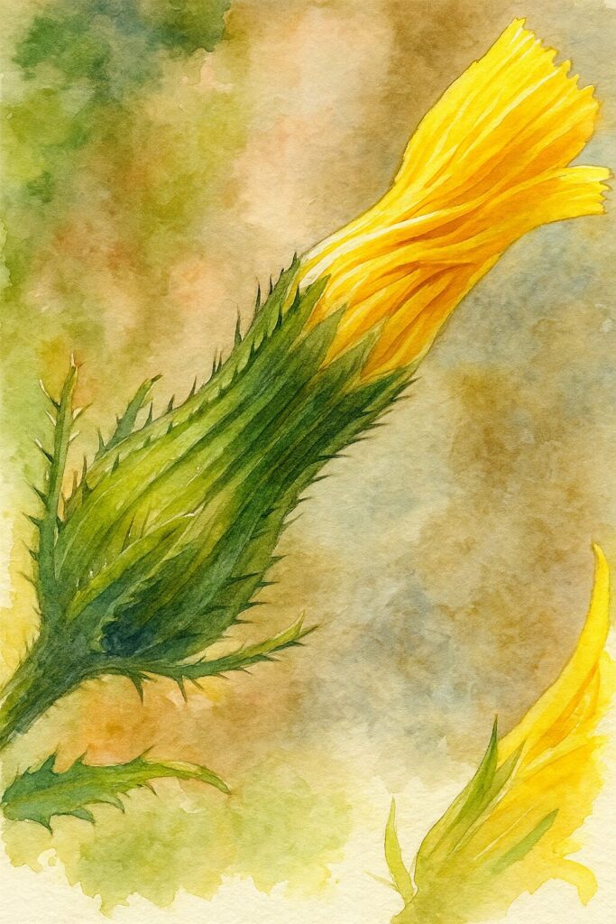 日本のコウゾリナの開花直前の蕾を縦構図で描いた水彩画風のボタニカルイラスト