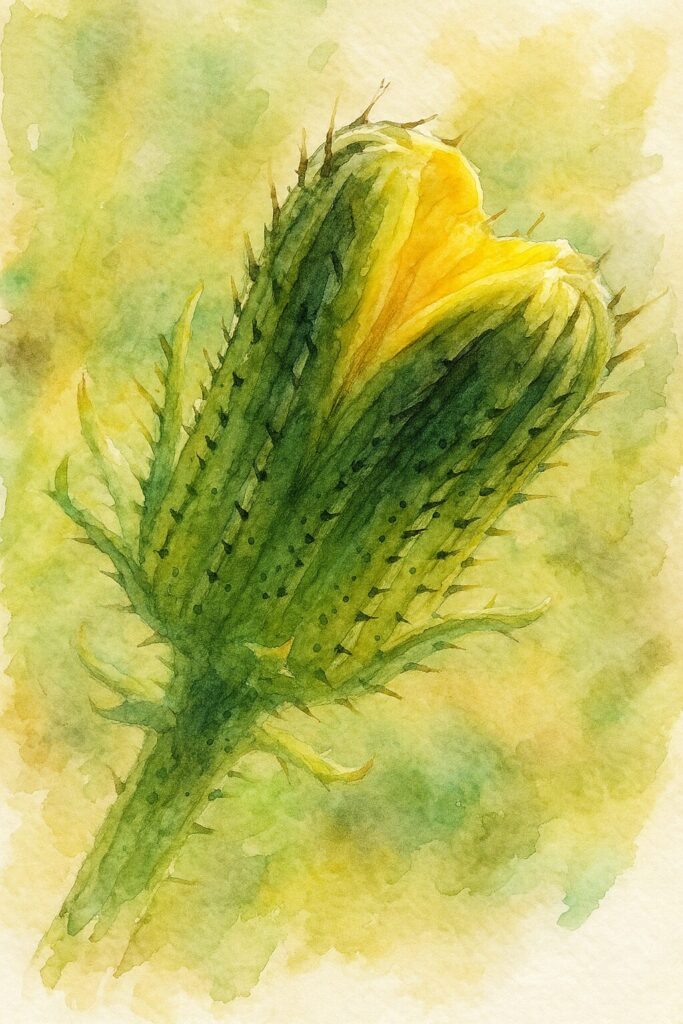 コウゾリナのつぼみを水彩画風に描いたイラスト　黄色の花弁がのぞく細部描写