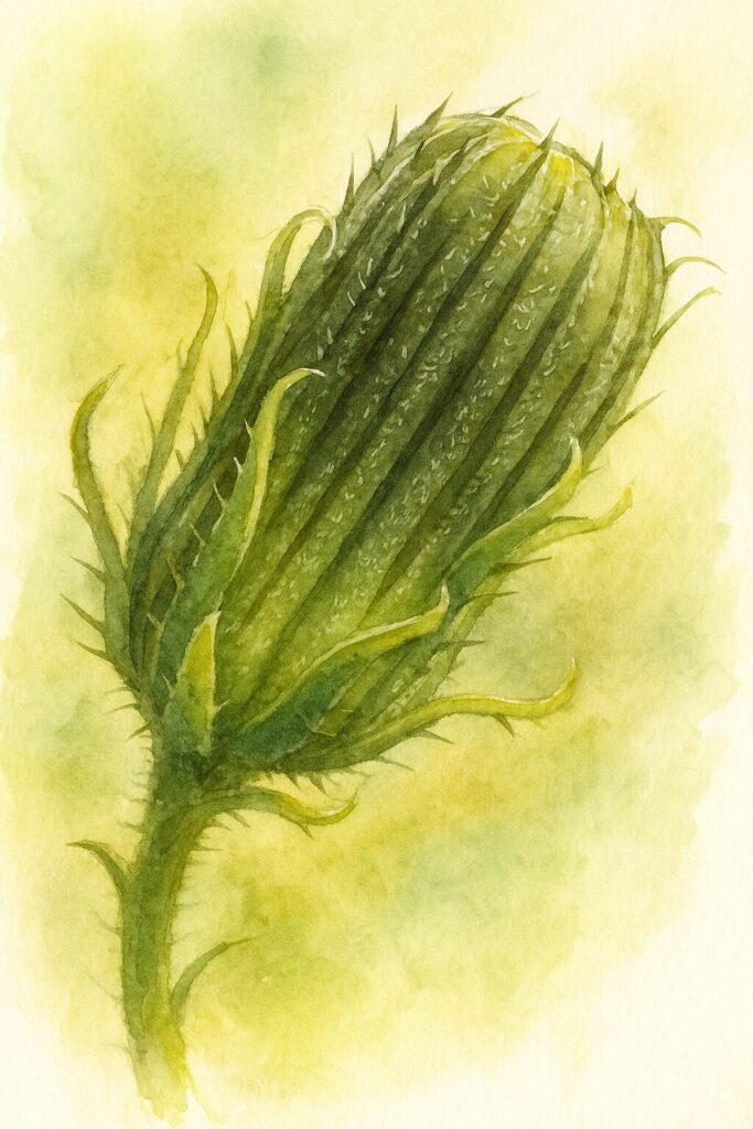 コウゾリナのつぼみを水彩画風に描いたイラスト　総苞の縦リブと棘の質感を強調した描写