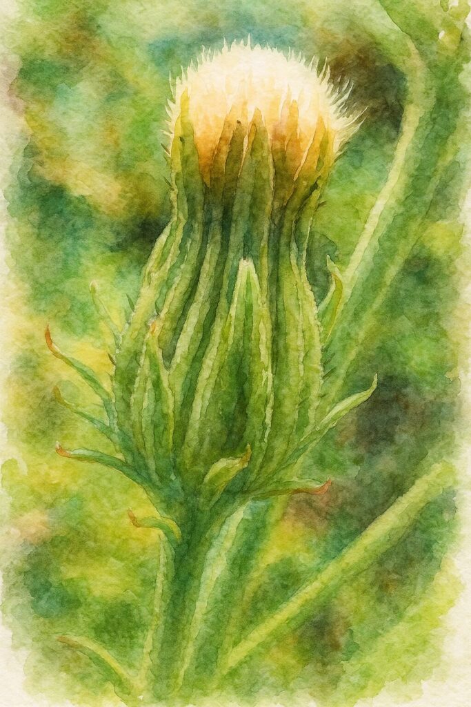 コウゾリナのつぼみ上部の冠毛を水彩画風に描いたイラスト　総苞片の縦リブと質感を繊細に表現