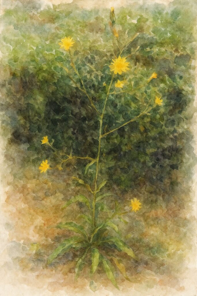 コウゾリナの株全体を水彩画風に描いたイラスト　細い茎と複数の黄色い花をつけた草姿