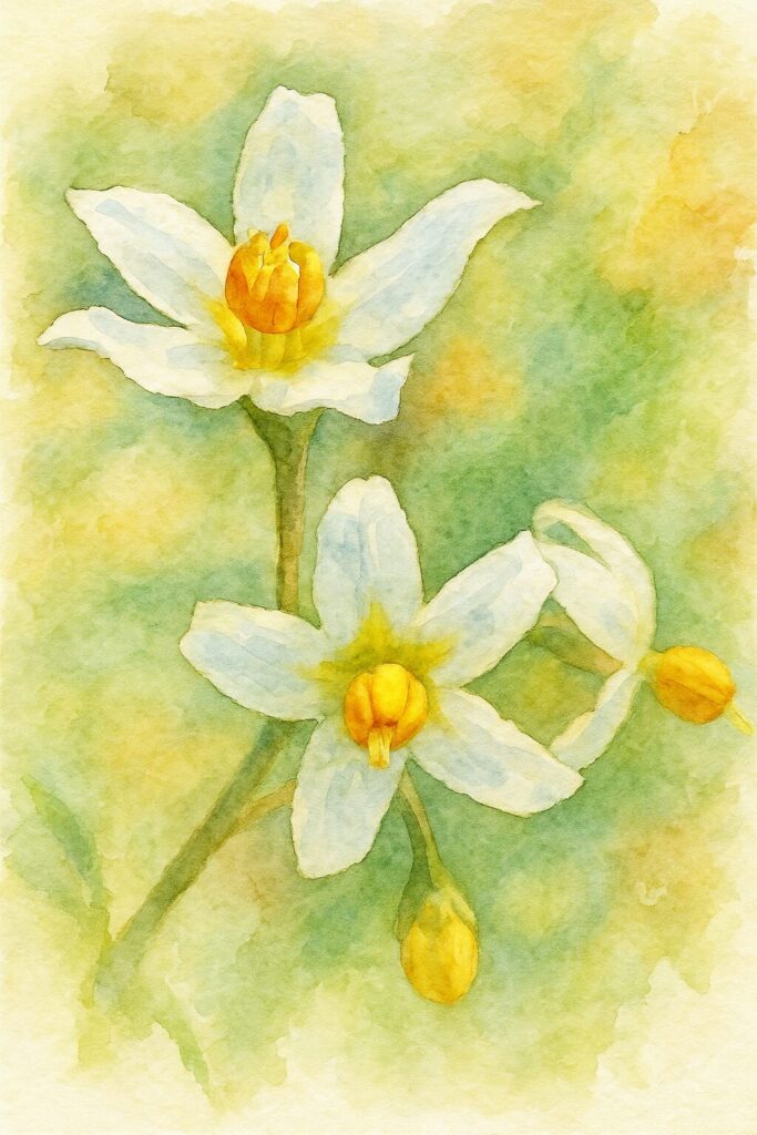 日本で秋に咲くイヌホオズキを描いた水彩画風のイラスト。白い5弁花と黄色い雄しべが柔らかいタッチで描かれている構図