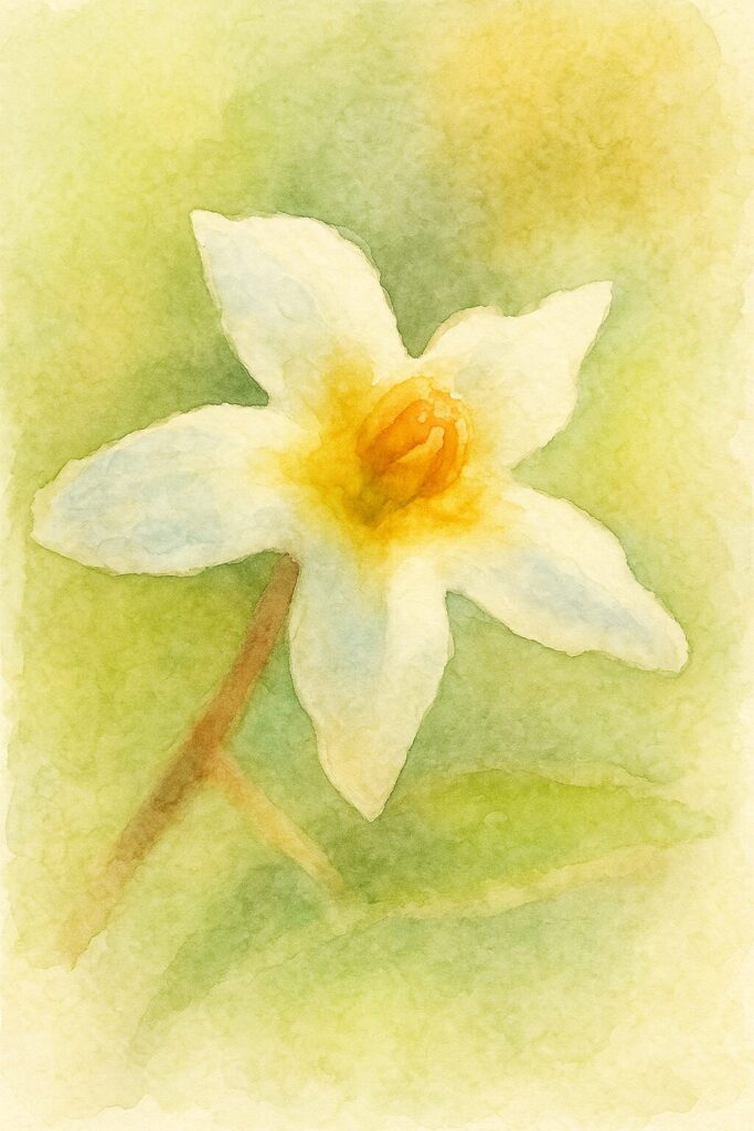 日本で秋に咲くイヌホオズキの白い5弁花を描いた水彩画風イラスト。中央の黄色い雄しべが柔らかいタッチで表現された単花アップの構図