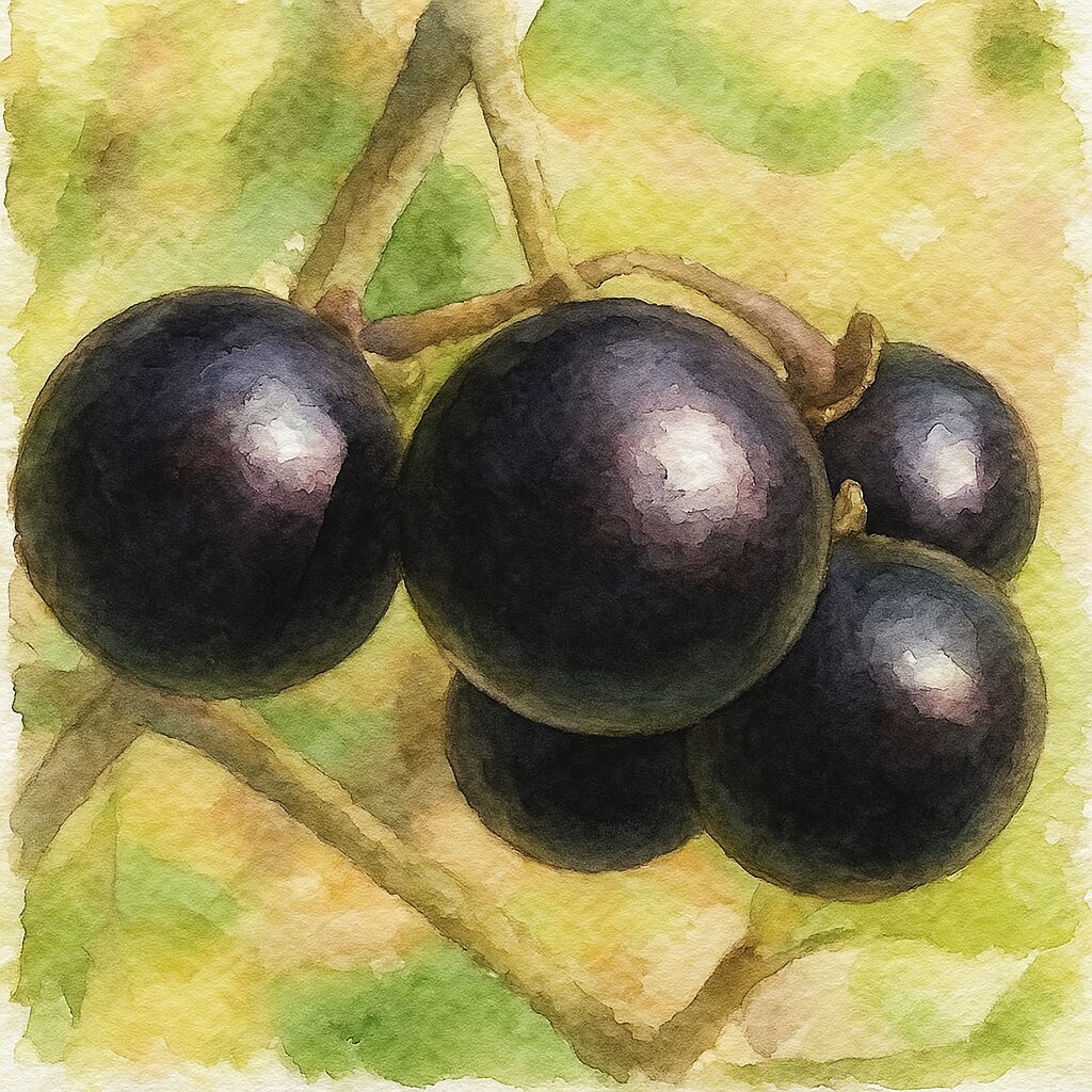 日本で秋に熟したイヌホオズキの黒い実を描いた水彩画風イラスト。光を反射する黒紫色の果実が柔らかな筆致で表現された構図