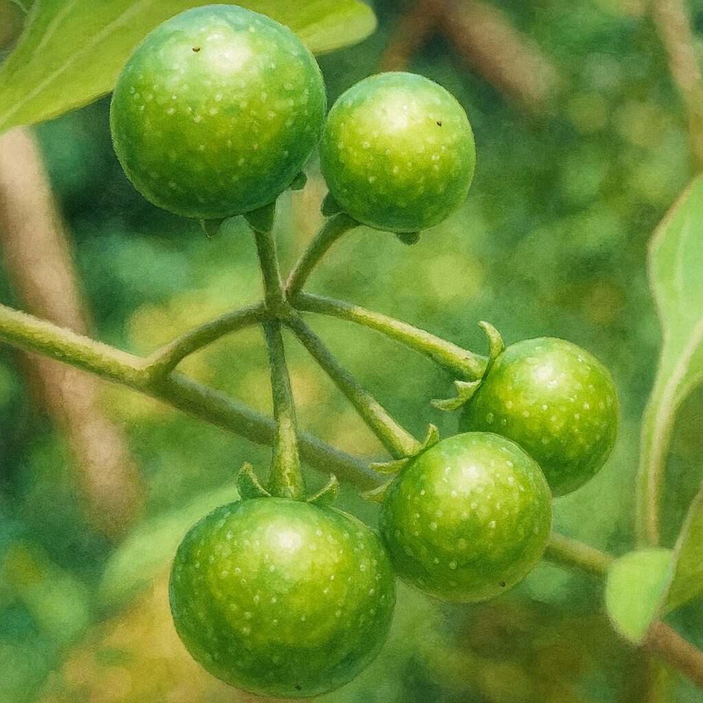日本で夏に実るイヌホオズキの未熟な緑色の果実を描いた水彩画風イラスト。光を受けて輝く丸い果実が柔らかな筆致で表現された構図