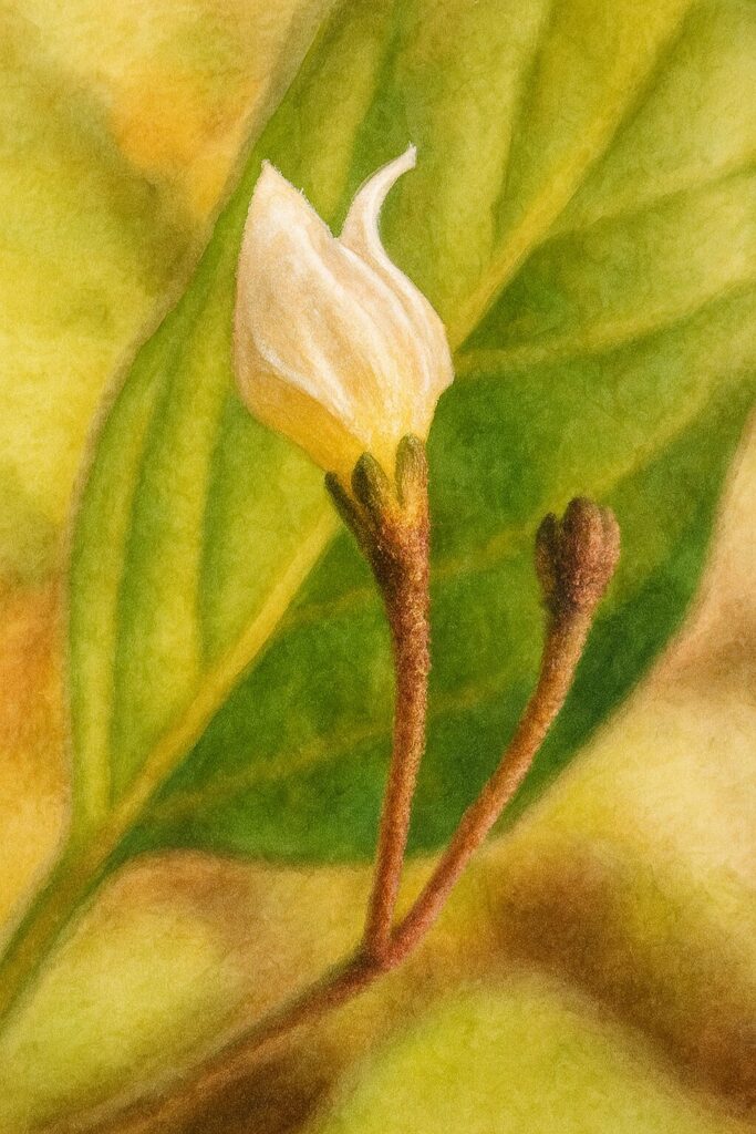 日本で夏に咲く直前のイヌホオズキのつぼみを描いた水彩画風イラスト。淡い白色の花芽と緑の葉が柔らかな筆致で表現された構図