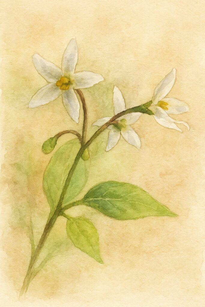 日本で夏に咲くイヌホオズキの白い花を描いた水彩画風イラスト。2輪の花とつぼみ、緑の葉が淡い背景の中に繊細な筆致で描かれた構図