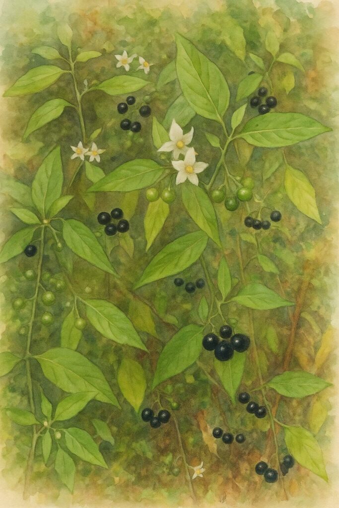 日本の野草イヌホオズキを描いた水彩画風イラスト。緑の葉に白い花と黒い実が点在し、自然の中に自生する姿を柔らかな筆致で表現した構図