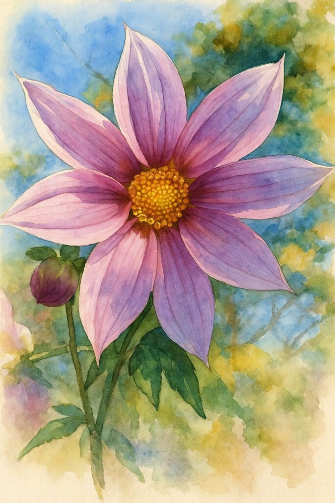 青空を背景に咲くピンク色のコウテイダリアを描いた水彩画風イラスト。柔らかな筆致で花弁の透明感と花芯の質感を表現した作品。