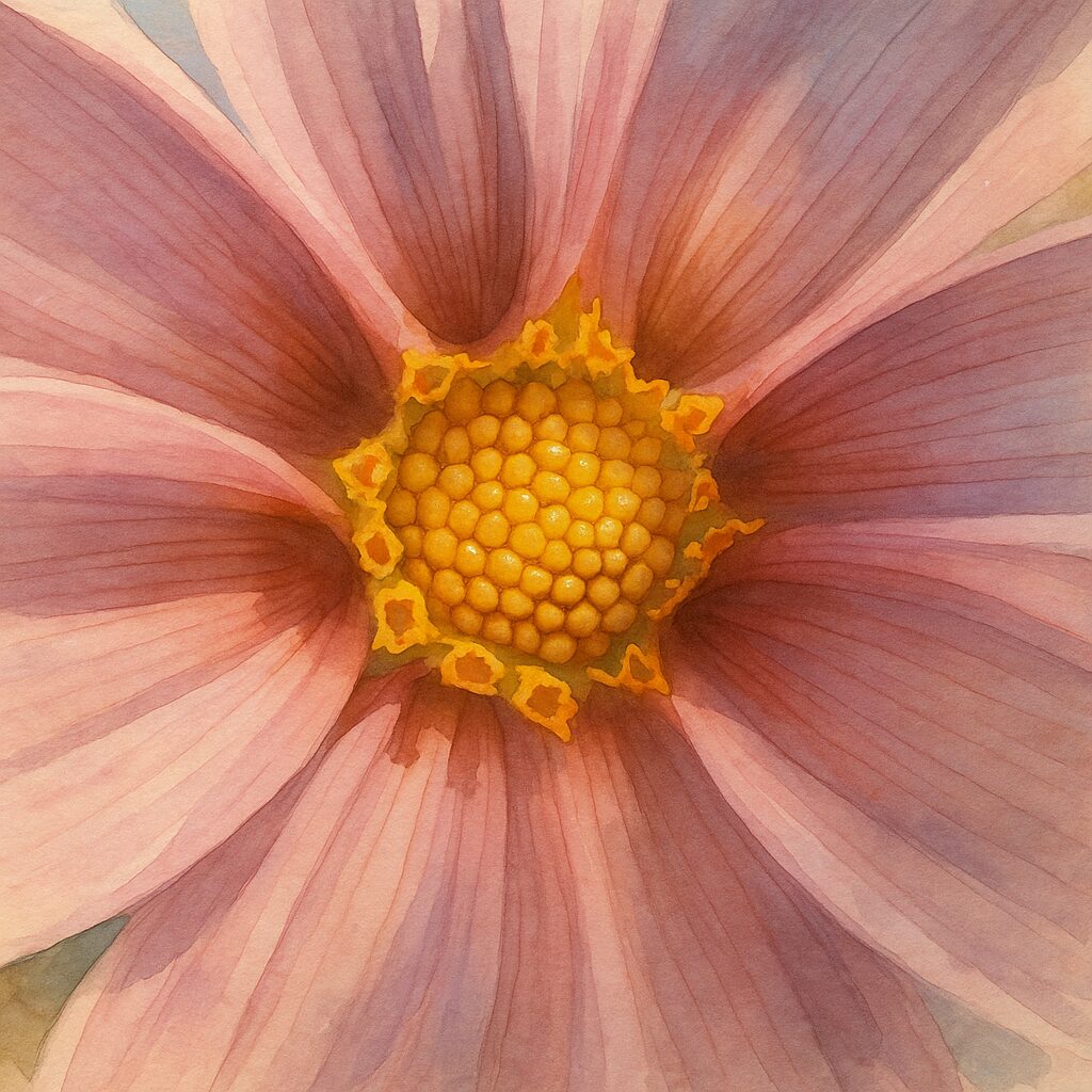 ピンクのコウテイダリアの中心を描いた水彩画風イラスト。黄色い花芯の立体感と花弁の繊細なグラデーションを丁寧に表現した作品。