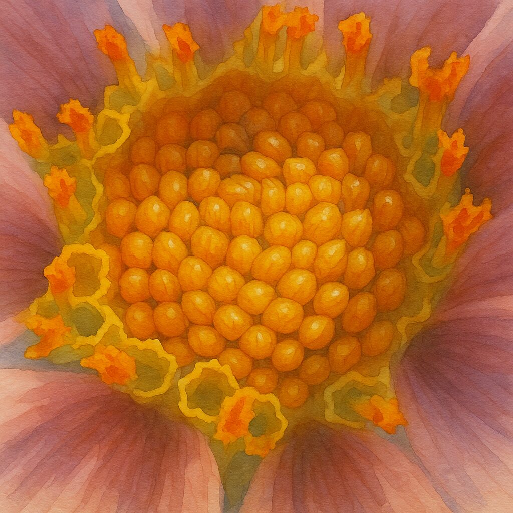 コウテイダリアの花芯を描いた水彩画風イラスト。黄色とオレンジの花芯を柔らかな筆致で描き、温かみのある色彩と立体感を表現した作品。