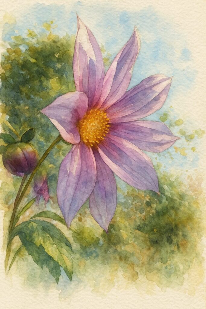 青空を背景に咲くピンクのコウテイダリアを描いたプロの水彩画風イラスト。透明感のある花弁と柔らかな光の表現が美しい