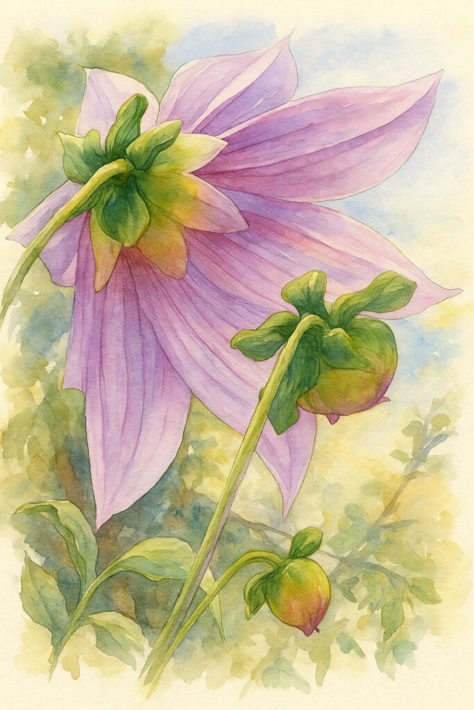 逆光に透けるピンクのコウテイダリアを描いた水彩画風イラスト。柔らかな光と緑のがくの立体感が美しいプロ仕上げの作品