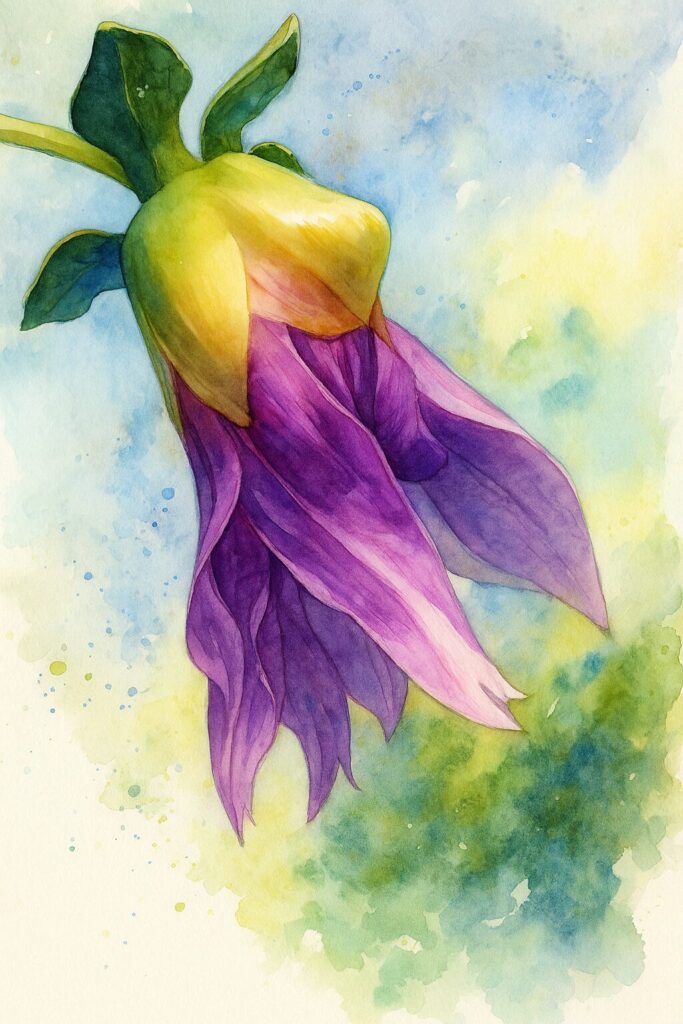 咲きかけのピンクのコウテイダリアを描いた水彩画風イラスト。青空の下で淡い光に包まれる花弁とがくのグラデーションが繊細に表現されている