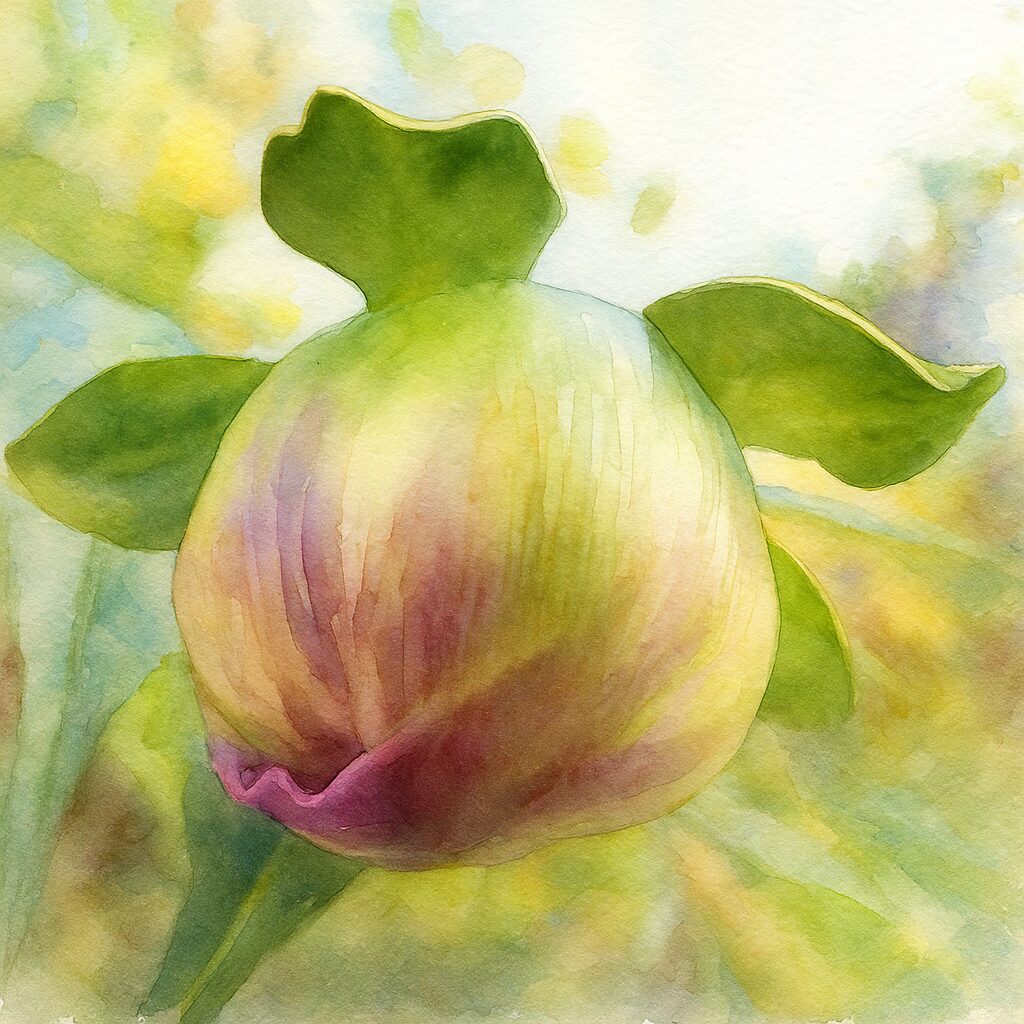 ピンクに染まり始めたコウテイダリアのつぼみを描いた水彩画風イラスト。透明感あるグラデーションと柔らかな光の表現が美しい