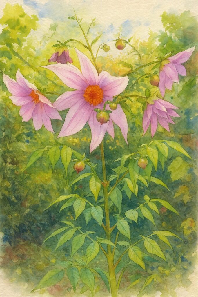 秋の陽射しを浴びて咲く複数のピンクのコウテイダリアを描いた水彩画風イラスト。柔らかな光と透明感ある花弁の表現が美しい