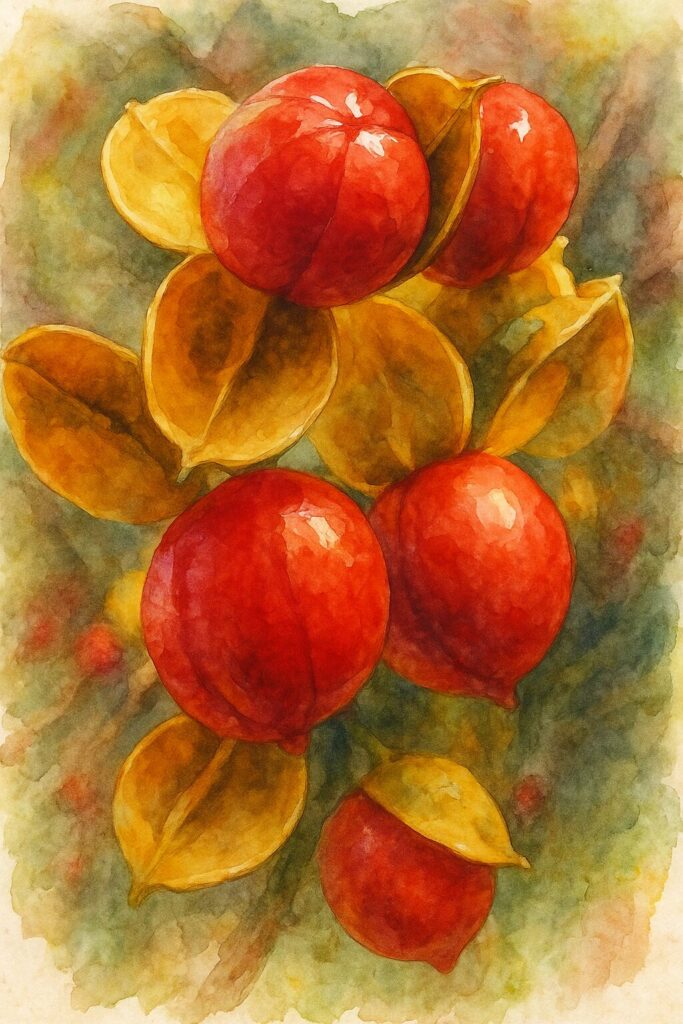 ツルウメモドキの赤い実と黄金色の果皮を描いたプロ級の水彩画風イラスト｜秋の植物・果実・自然の美を表現したアート作品