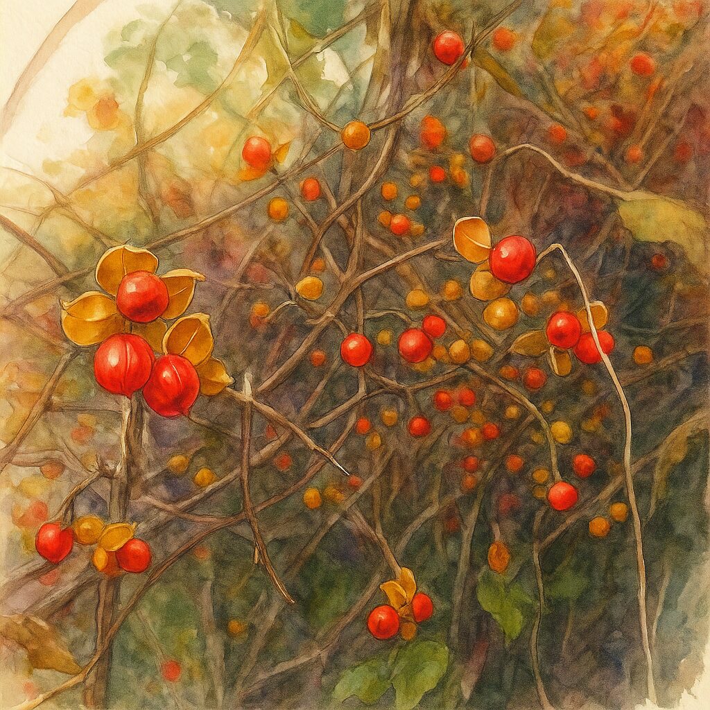 秋のツルウメモドキを描いた水彩画風イラスト。黄色い果皮と赤い実が繊細な筆致で表現された秋の植物画