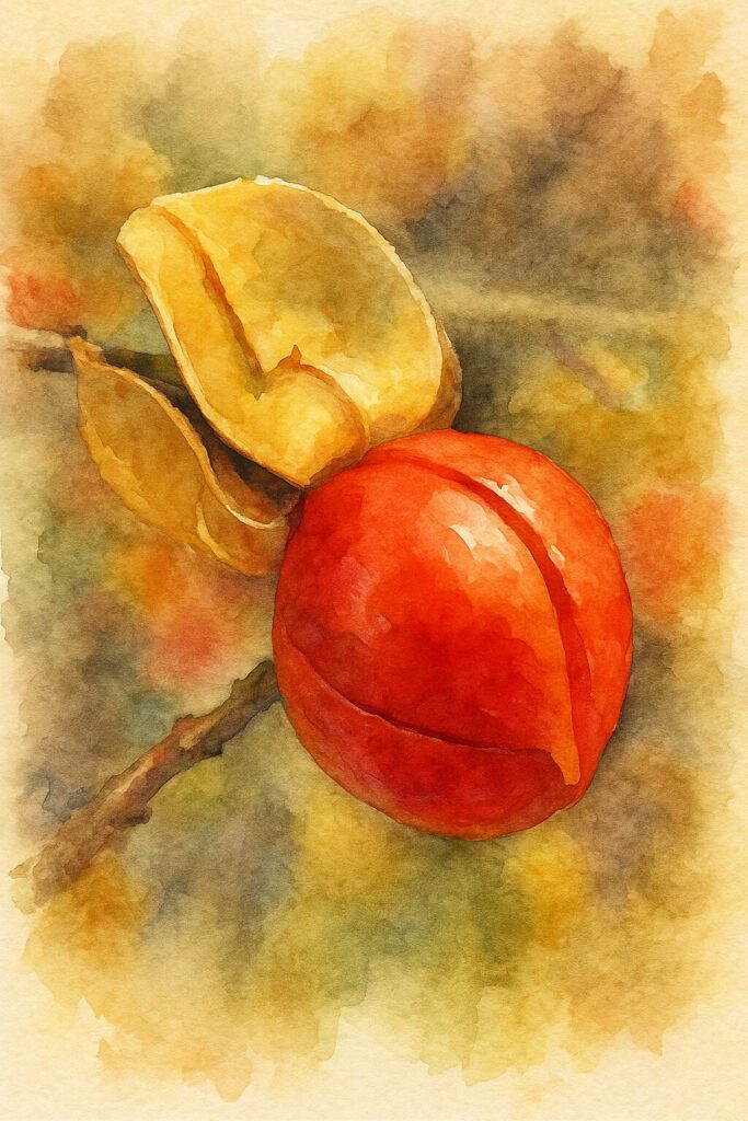 秋のツルウメモドキの赤い実と黄色い殻を描いたプロレベルの水彩画風イラスト