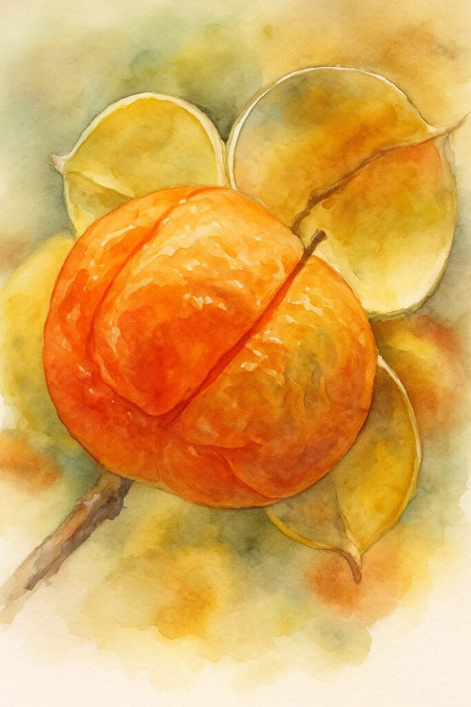 秋のツルウメモドキの橙色の実と黄色い殻を描いたプロレベルの水彩画風イラスト