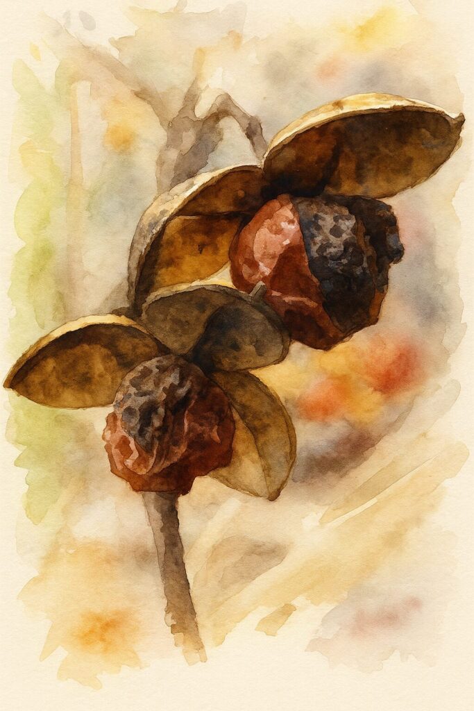 晩秋のツルウメモドキの枯れた殻としわのある赤い実を描いたプロレベルの水彩画風イラスト