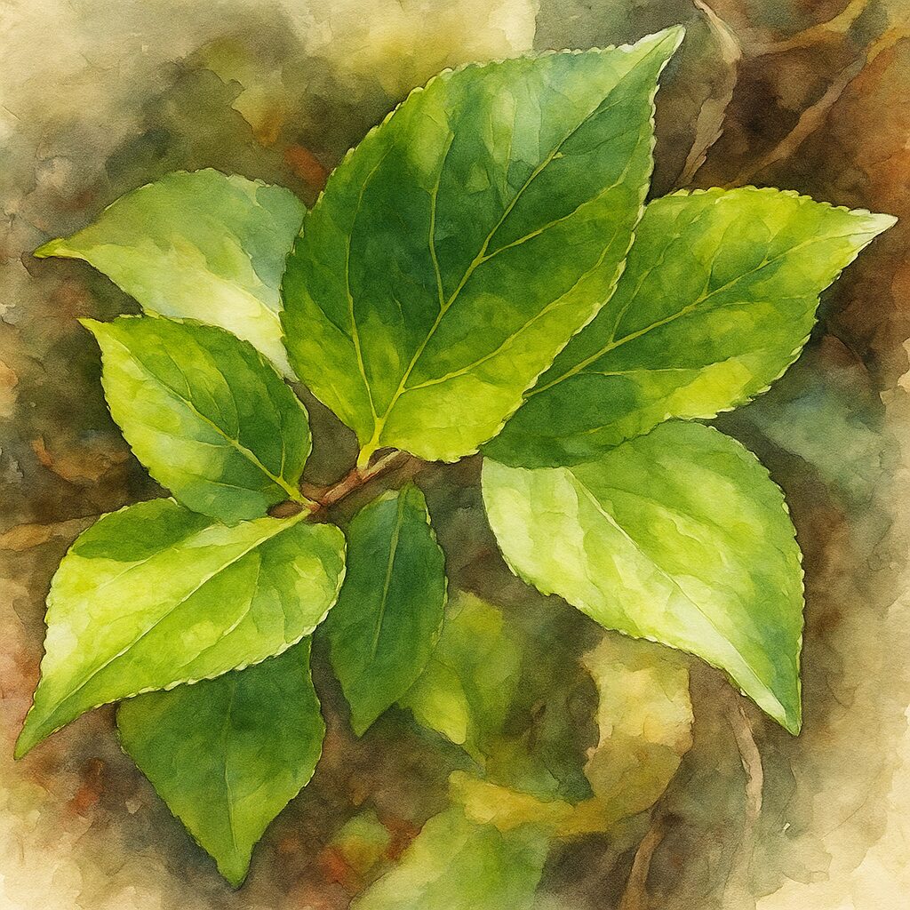 ツルウメモドキの緑の葉を描いたプロレベルの水彩画風イラスト