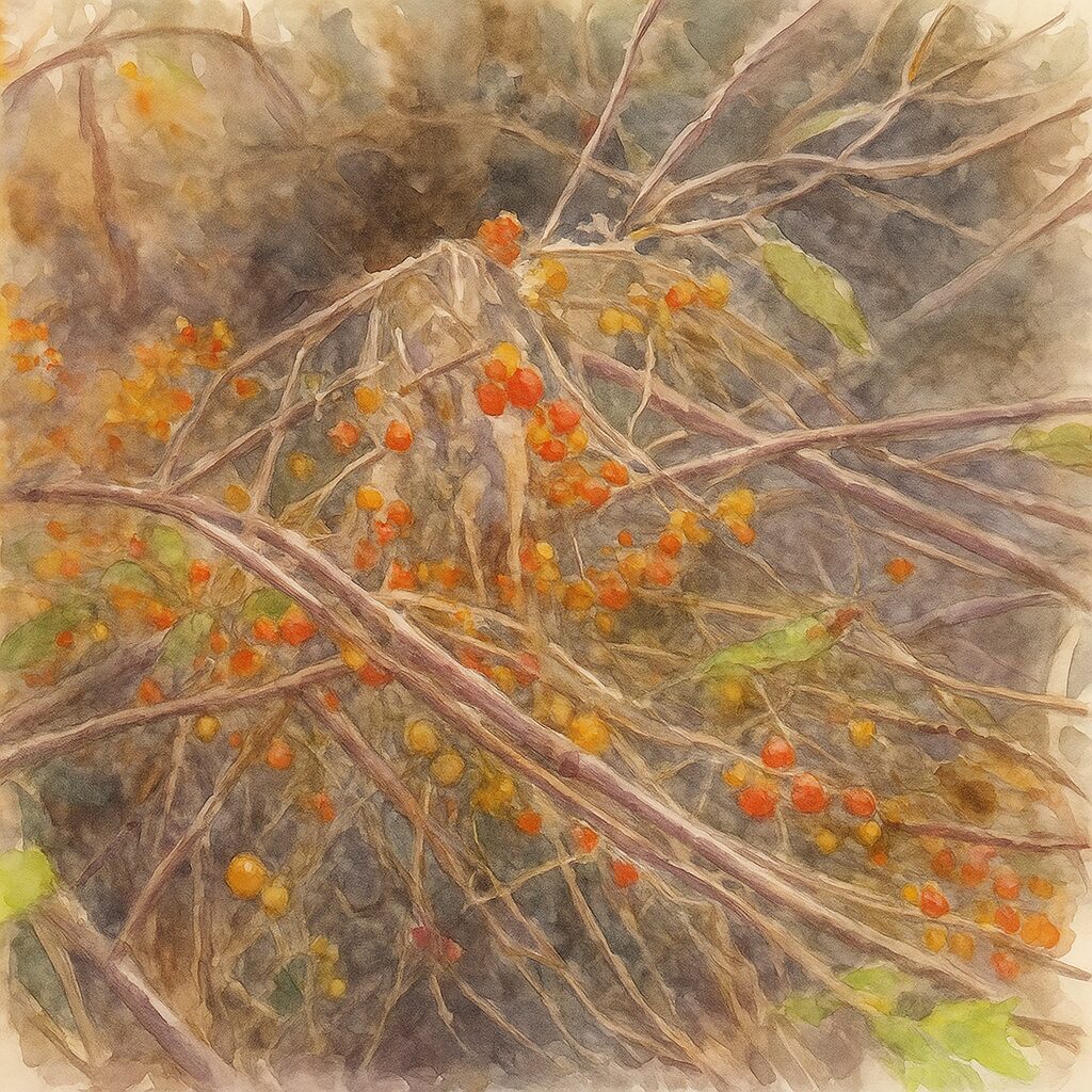 秋のツルウメモドキの枝につく赤と黄の実を描いたプロレベルの水彩画風イラスト