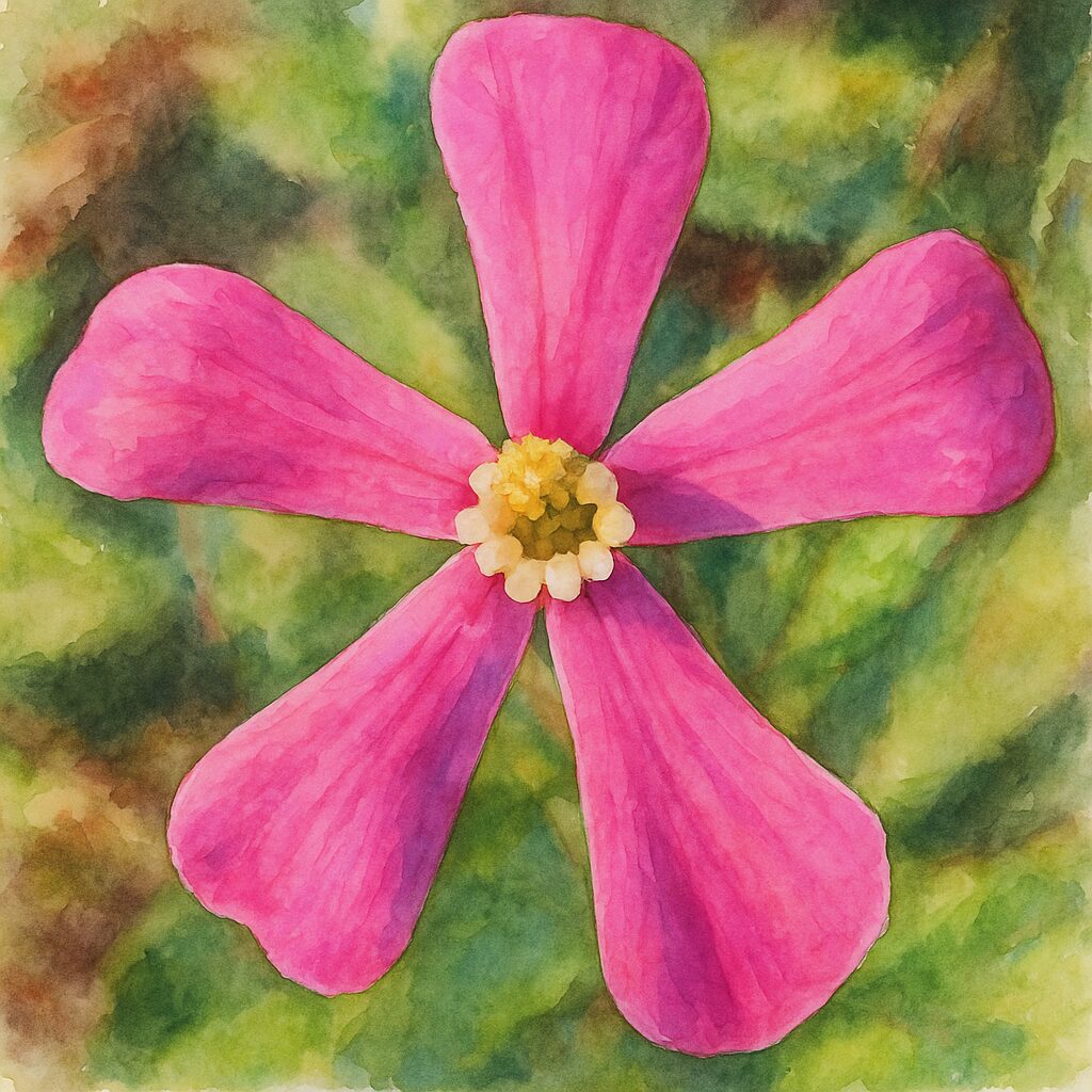 ツルコザクラの花を描いた水彩画風イラスト。五枚のピンク色の花弁と柔らかな緑の背景が調和した、繊細で自然な植物画。