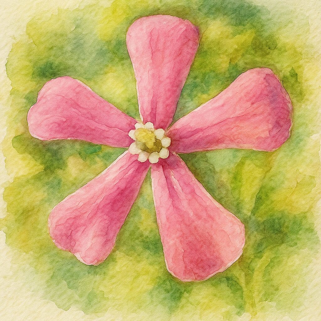 ツルコザクラの花を描いた水彩画風イラスト。斜めから見た五枚のピンクの花弁が柔らかく表現され、背景に淡い緑が広がる繊細な植物画。