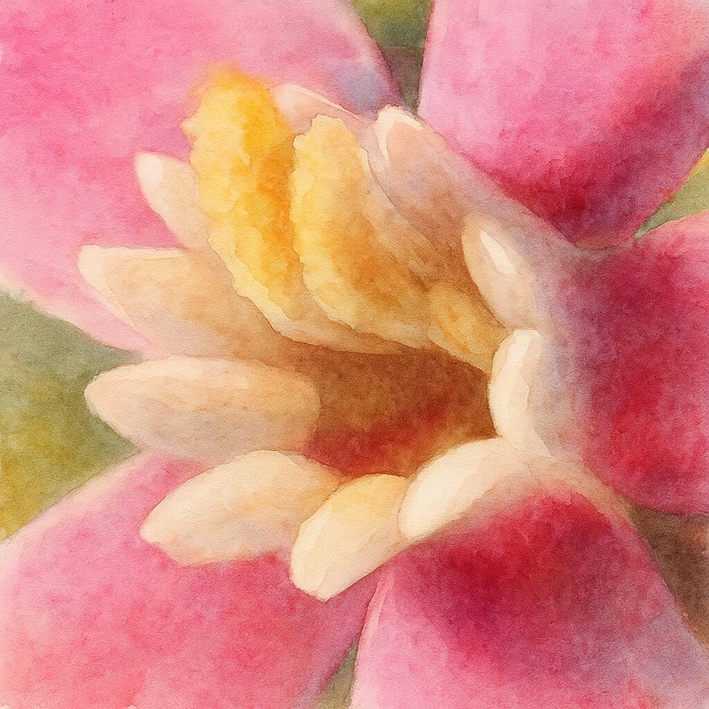 ツルコザクラの花の中心を描いた水彩画風イラスト。黄色の雄しべと淡いピンクの花弁が柔らかく滲むように表現された繊細な植物画。