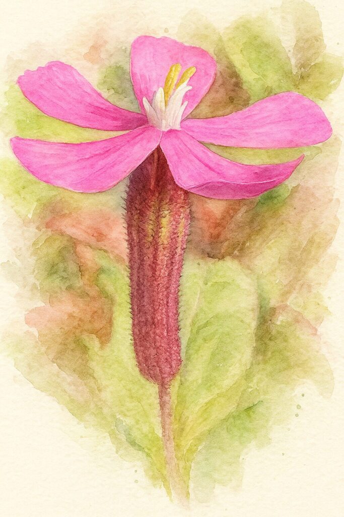 ツルコザクラの花を横から描いた水彩画風イラスト。鮮やかなピンクの花弁と毛のある筒状の萼が柔らかい筆致で表現された植物画。