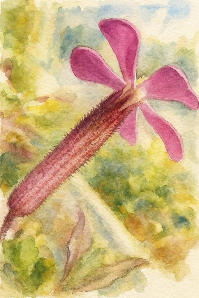 ツルコザクラの花を斜め横から描いた水彩画風イラスト。毛のある筒状の萼と鮮やかなピンクの花弁が柔らかく表現された植物画。