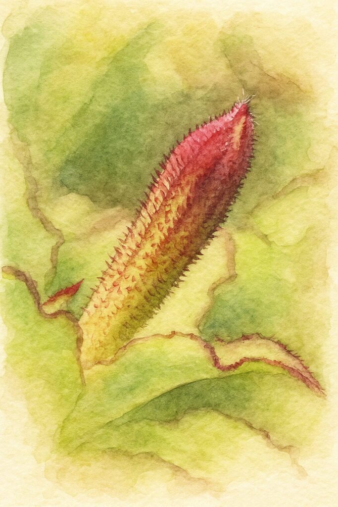 ツルコザクラのつぼみを描いた水彩画風イラスト。赤紫と淡い緑の色合いで毛のあるつぼみを柔らかく表現した植物画。