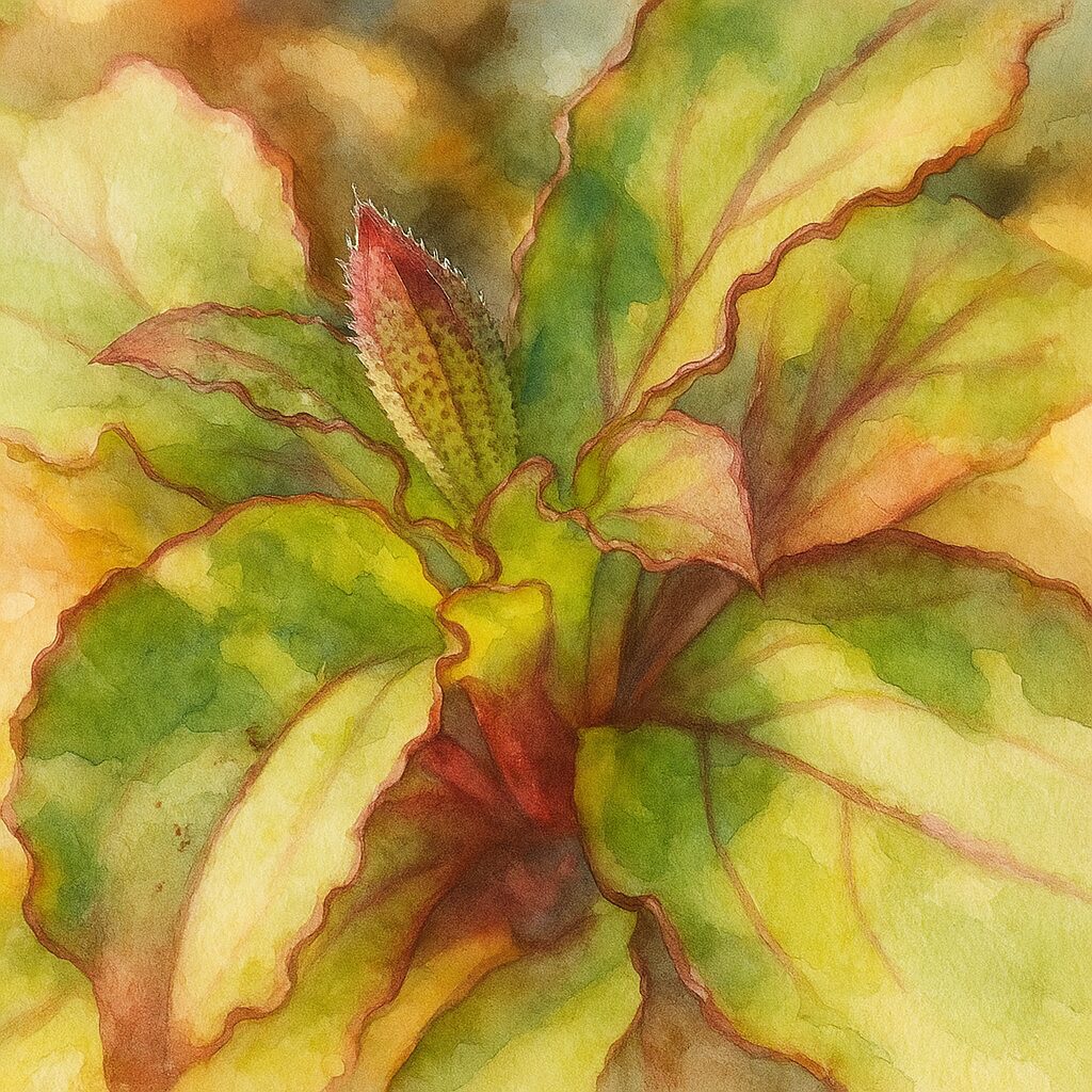 ツルコザクラのつぼみと葉を描いた水彩画風イラスト。赤紫のつぼみと緑の葉が柔らかい筆致で表現された植物画。