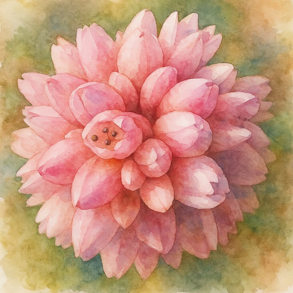 ヒメツルソバの花を描いた水彩画風イラスト。淡いピンクの花房が繊細な筆致で表現され、柔らかな背景に浮かび上がるように描かれている。
