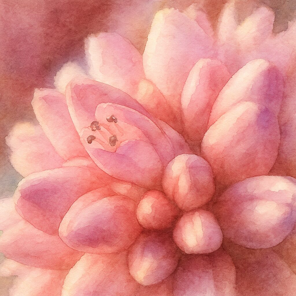 ヒメツルソバの花を描いた水彩画風イラスト。淡いピンクの花房がふんわりと重なり、柔らかな陰影で立体感を表現している。