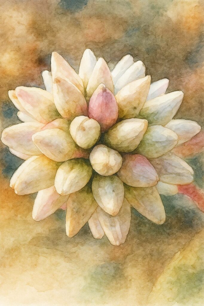 ヒメツルソバの花を描いた水彩画風イラスト。白と淡いピンクの花房がやわらかな光の中で表現され、自然な立体感と温かみのある背景が美しい。