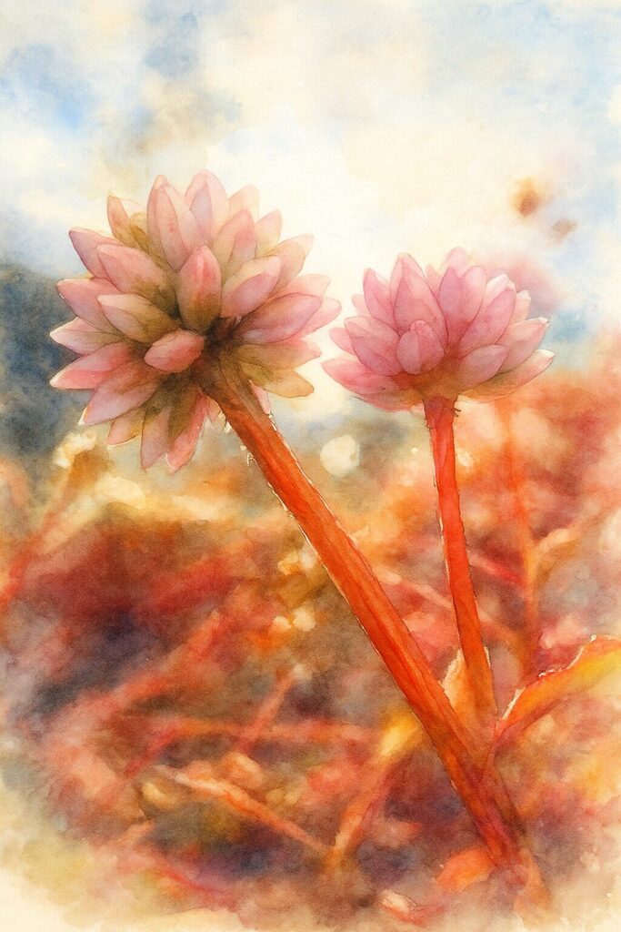 ヒメツルソバの花を描いた水彩画風イラスト。赤い茎にピンクの花が並び、朝の光を浴びて輝く様子が繊細に表現されている。