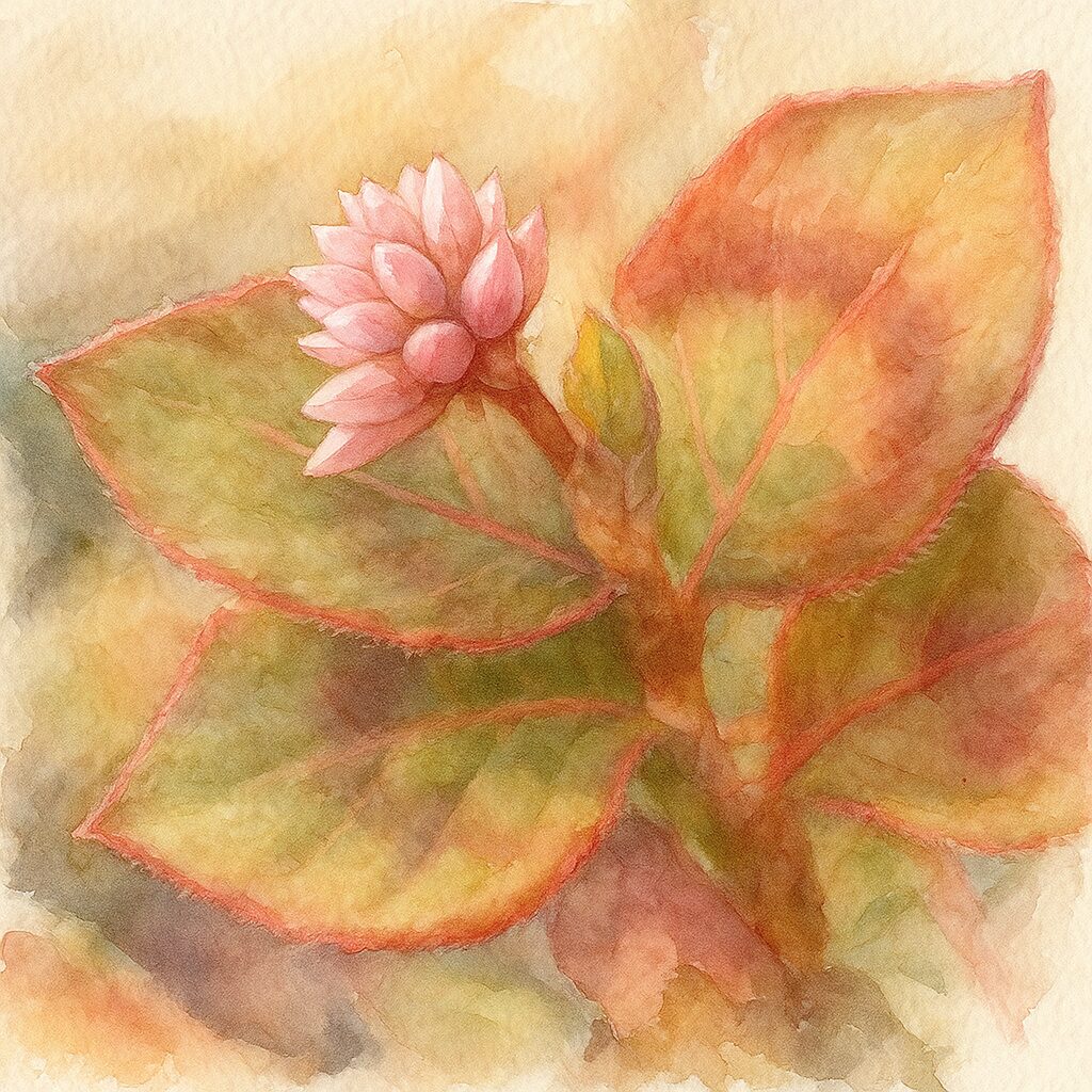 ヒメツルソバの花と葉を描いた水彩画風イラスト。赤と緑の葉に淡いピンクの花房が咲き、繊細な筆致で温かみのある雰囲気に仕上げられている。