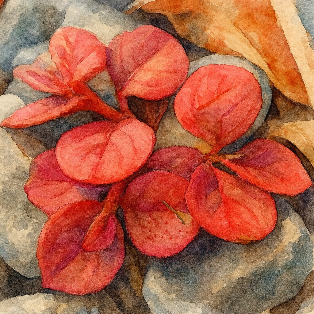 ヒメツルソバの赤い葉を描いた水彩画風イラスト。石や落ち葉の上に広がる紅葉がやわらかな筆致で表現され、温かみのある秋の雰囲気を漂わせている。