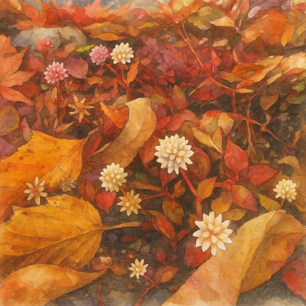 秋のヒメツルソバを描いた水彩画風イラスト。赤い葉と黄葉の中に白とピンクの花房が点在し、柔らかな光で秋の情景が表現されている。
