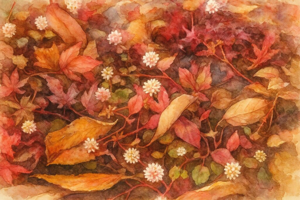 ヒメツルソバの花を描いた秋の水彩画風イラスト。赤く色づいた葉と落ち葉の中に白やピンクの花が散りばめられ、暖かみのある筆致で描かれている。