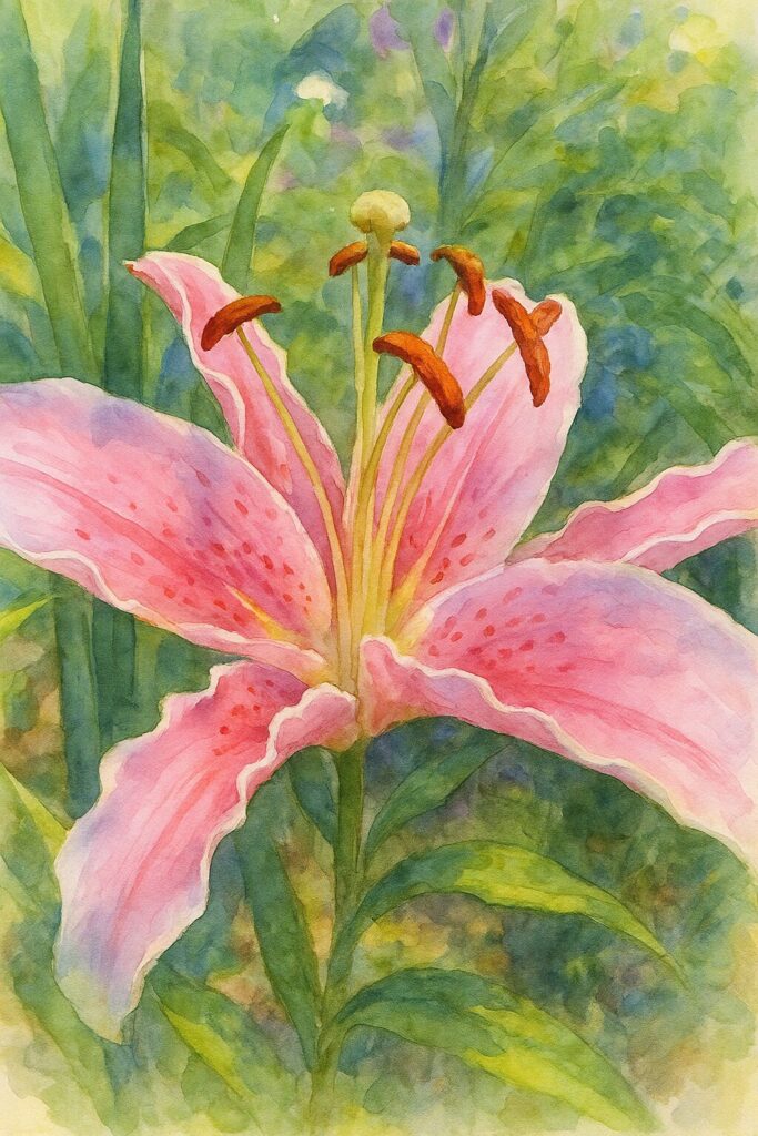 ピンクのユリ(オリエンタルリリー)を柔らかい筆致で描いた水彩画風イラスト。花びらの斑点や雄しべの質感を鮮やかに表現